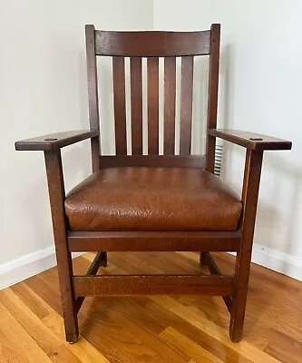 L & J.G. Stickley Mission Style Oak Antique Armchair Brown Leather Seat • $1250