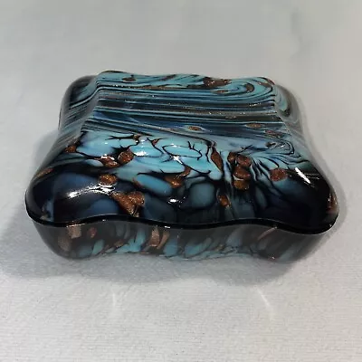 Glass Trinket Jewelry Box Venetian Weil Aventurine Black Copper Blue Swirl • $32