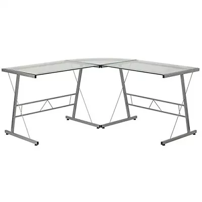 Modern Silver Metal L-Shaped Desk With Glass Top And Floor Glides • $359.99