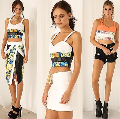 Floral Crop Top Faux Leather S M L 6 8 10 12 14 Fluoro Skirt Spring Bralet Party • $19.99