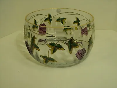 Romanian Crystal Bowl Clear Glass With Hand Painted Grape Vines Gold Trim • $29.95