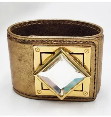 Michael Kors Wide Bronze Leather Cuff Clear Crystal Wrap 7  Bracelet 2  Wide • $39.99