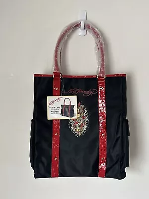 Ed Hardy Nylon Faux Leather Red Black Mermaid 22  Tote Shoulder Purse Bag • $28