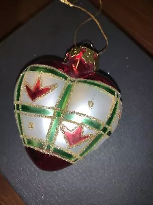 Vintage Blown Glass Red Green Gold Puffy Heart Christmas Ornament 3  • $9.99