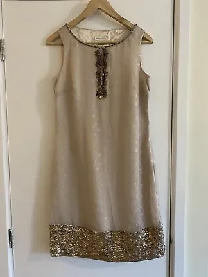 £10 • Buy Monsoon Embroidered Beige/Gold Dress Size 10