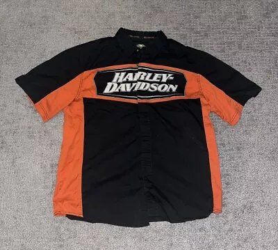 Harley Davidson Short Sleeve Pit Crew Button Up Shirt Orange Embroidered Size XL • $31.99
