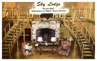 MAINE Great Hall Sky Lodge MOOSE RIVER Stairways To Guest Rooms Linen C1930-1945 • $4