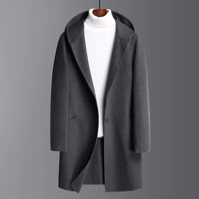 Double-sided Wool Coat Men's Mid-length Hooded Coat Windbreaker Cashmere Jacket • $151