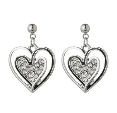 £1.80 • Buy Women's Silver Double Heart Rhinestone Diamond Drop Earrings, Gift, Valentine's
