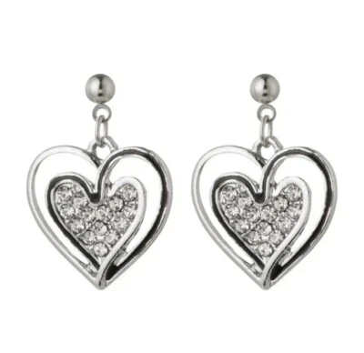 £1.80 • Buy Women's Silver Double Heart Rhinestone Diamond Drop Earrings, Gift, Valentine's