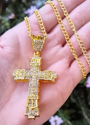 💎 Mens 18K Iced Out CROSS PENDANT NECKLACE Plated Stainless Steel Hip-Hop 22 💎 • $14.67