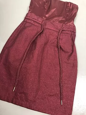 H&M 4 Burgundy Red Shimmer Strapless Formal Party Evening Drawstring Dress Bow • $14.99