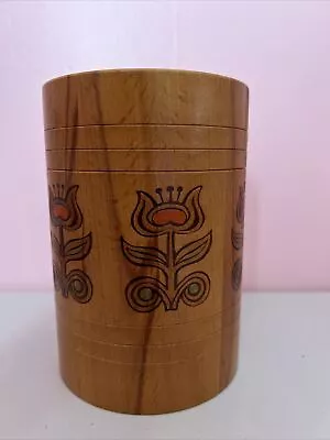 Wood Cylinder Utensil Holder Carved Flowers Made In USSR 6” Tall Russia • $3