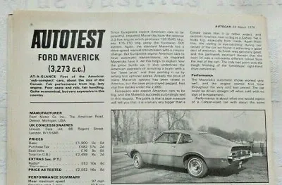 £3.89 • Buy Ford Maverick  Road Test Autocar Magazine 26 March 1970 Classic Car Retro Rare