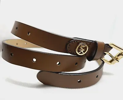 Michael Kors Women's Smooth Leather Skinny Belt - Medium - Brown / Gold • $39.85