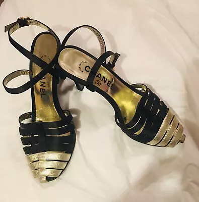 Vintage Chanel Blk/Gold Silk High Heel T-Strap Open Back Gold Sock Lining Sz35.5 • $180