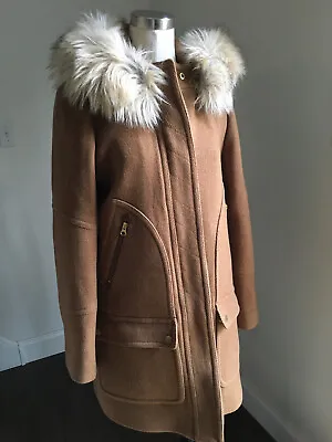 J Crew Italian Stadium Cloth Wool Blnd Chateau Parka Coat Faux Fur Hood Camel 6 • $75