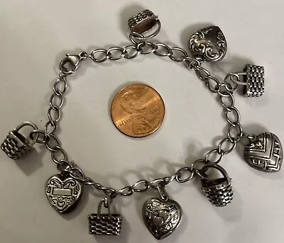 Vintage 2000s Sterling Silver Basket And Puffy Heart Charm Bracelet W/9 Charms • $99