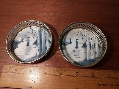 2 Vintage Delft Metal/porcelain Coasters Germany: Birch Windmill Boat Design • $15