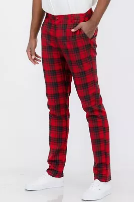 Mens Checker Slim Fit Plaid Checkered Pants Stretch Casual Work Pants Trousers • $19.81