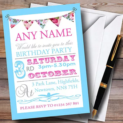 Blue And Pink Bunting Tea Garden Birthday Party Personalised Invitations • £9.99