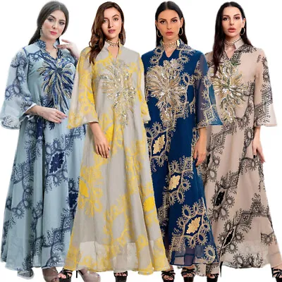 Moroccan Muslim Women Sequins Abaya Maxi Dress Kaftan Kaftan Dubai Islamic Robes • $45.50