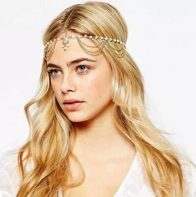 £4.79 • Buy Boho Gold Chain Rhinestone Hair Cuff Arabian Head Piece Jewellery UK
