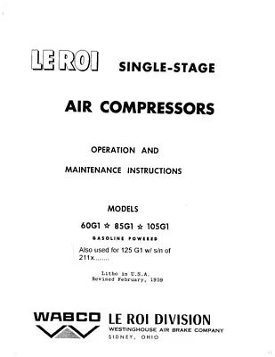 LEROI 60G1 85G1 105G1 125G1 PORTABLE COMPRESSOR OPERATORS MANUAL *Pdf* • $19.99