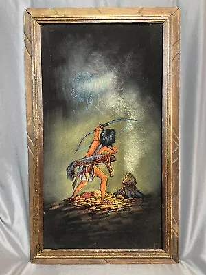 Vtg Native American Hunter Wolf Spirt Velvet Painting 13.5x22  MCM Mexican Made • $21.99