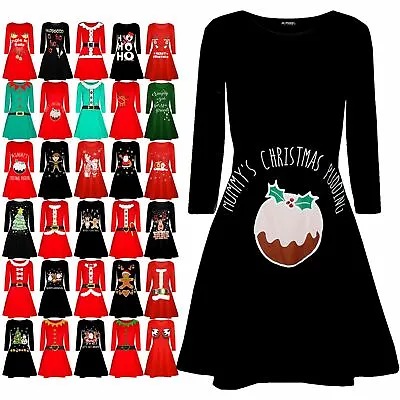 Womens Ladies Christmas Santa Xmas Elf Round Neck Maternity Reindeer Swing Dress • £5.99