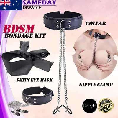 BDSM Fetish Collar Nipple Clamps Blindfold Bondage Kit Restraint Adult Sex Toy • $22.99