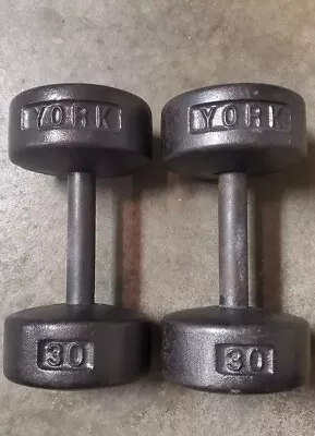 Vintage YORK BARBELL 30lb DUMBBELLS  ROUNDHEADS   • $175