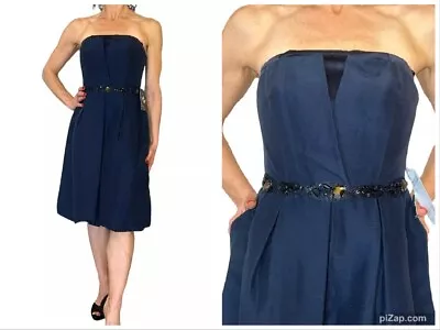 VTG. KAY UNGER Navy Silk Strapless Cocktail Bubble Pleat Jewel Mini Dress 2 NEW • £48.18