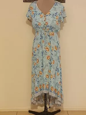 Womens Neon Boho Style Light Blue Floral Cotton Hi Lo Midi/maxi Dress  M-12 Vgc • $12