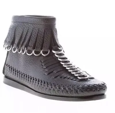$649 • Buy ALEXANDER WANG,Montana, Black Leather Flat Ankle Boot, Fringes & Rings, Size 37