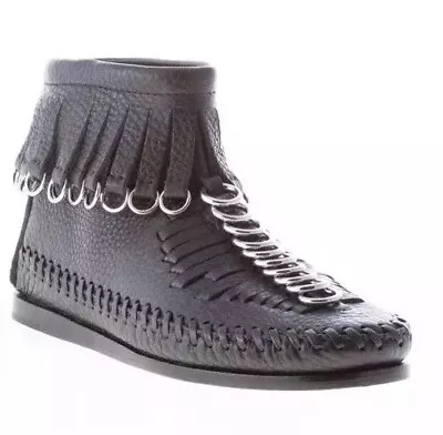 ALEXANDER WANGMontana Black Leather Flat Ankle Boot Fringes & Rings Size 37 • $689