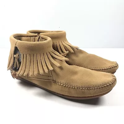 Minnetonka Boots Womens 9 Fringe Moccasin Ankle Booties 527T Brown Suede Zip • £24.13
