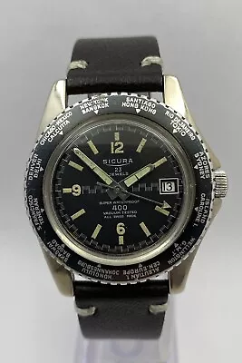 Vintage Sicura By Breitling  Diver World Time 400 Vacuum Tested Manual Winding • $51