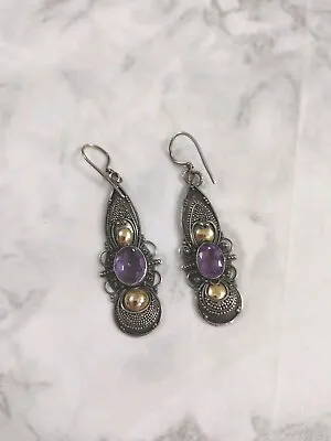 Modern Sterling Silver 925 Amethyst Gold Tone Drop Dangle Earrings • $26.25