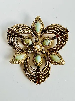 Vintage 1950s Midcentury Brooch Openwork Turquoise Matrix Faux Pearl Crystals • £19.50