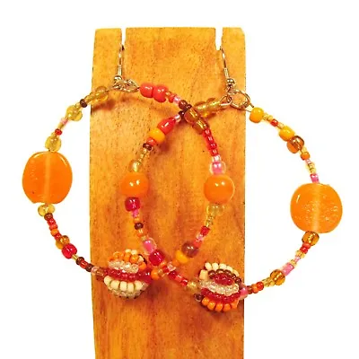 2  Vintage Gypsy Style Orange Multi Color Hoop Handmade Seed Bead Hook Earrings • $7.99