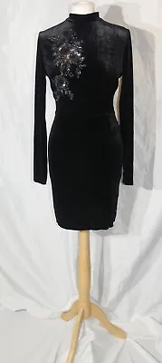 Stunning  Miss Selfridge Black Beaded Velvet Backless Pencil Dress Uk 12 Bnwt • £15