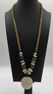 Vintage Miriam Haskell Glass Statement Necklace Faux Jade White & Gold Tone • $59.99