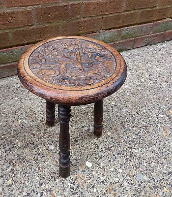 Antique Vintage Rustic Carved 3 Legged Stool • £65