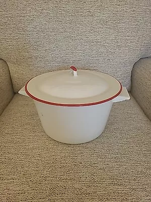 Vintage 10  White With Red Enamel Pot With Lid & Handles Stock Pot Farmhouse  • $39.99
