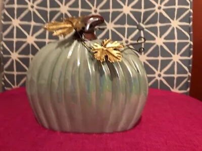 Ceramic Pumpkin With Metal Leaves • $19.99