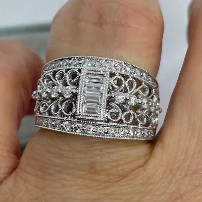 2.3 Ct CZ Baguette Ring 14K White Gold Vintage Antique Filigree Engagement Ring • $300.62