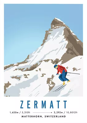 Zermatt Matterhorn Switzerland Vintage Travel Ski Poster - Art Print • $18