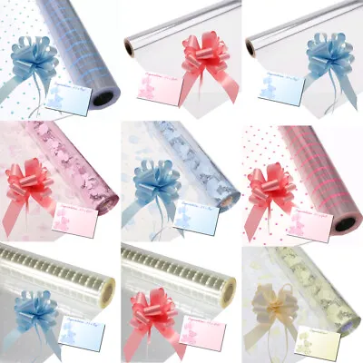 Baby / Boy Girl Cellophane Gift Wrap Shower Hampers + Pull Bow Ribbon & Card • £2.99