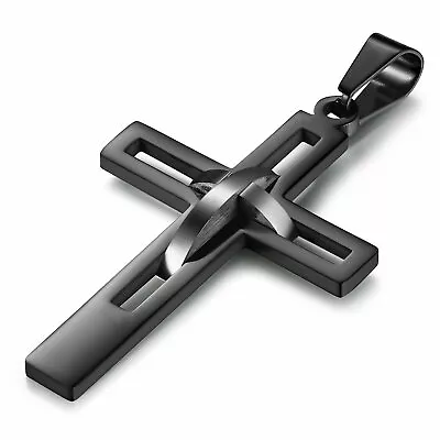 Retro Mens Polished Stainless Steel Black Hollow Design Cross Pendant Necklace • $8.99